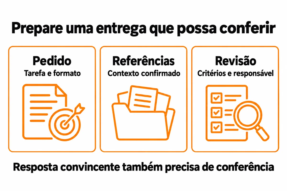 Prepare o pedido com tarefa e formato, forneça referências confirmadas e revise com critérios e responsável. Uma resposta convincente também precisa de conferência.
