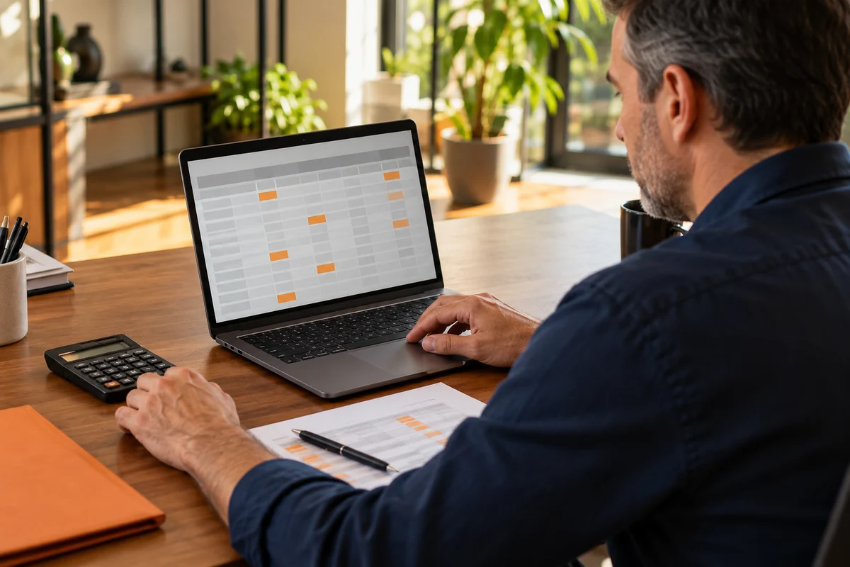Gestor consulta uma planilha conceitual no notebook, com calculadora e folha de conferência apoiadas sobre a mesa.