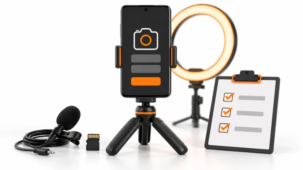 Smartphone sobre tripé com microfone de lapela, cartão de memória, luz circular e checklist em branco, grafite e laranja