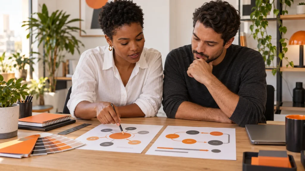Designer e gestor analisam duas folhas de infográfico voltadas para cima sobre a mesa.