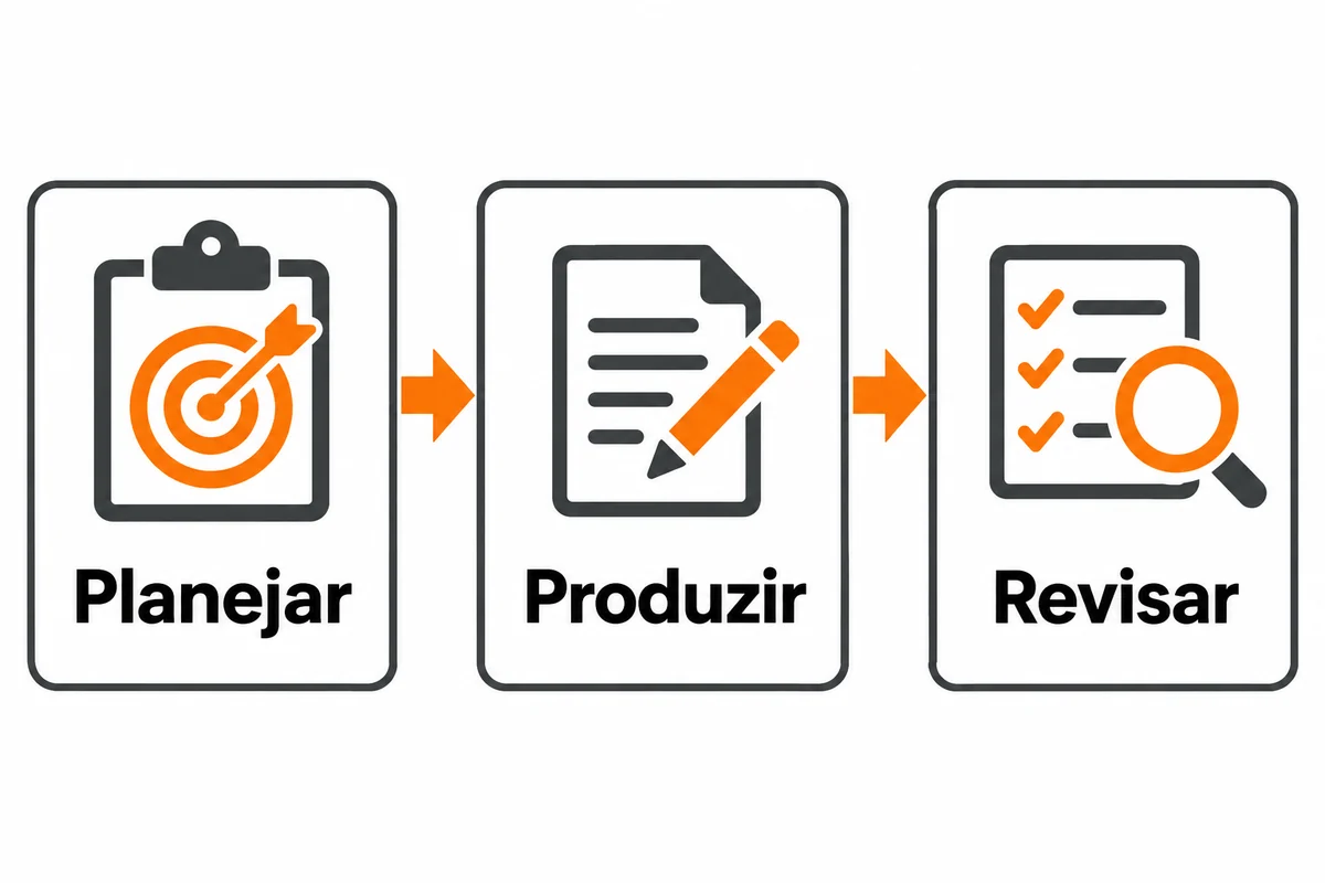 Três cartões com setas mostram as etapas planejar, produzir e revisar na produção de conteúdo.
