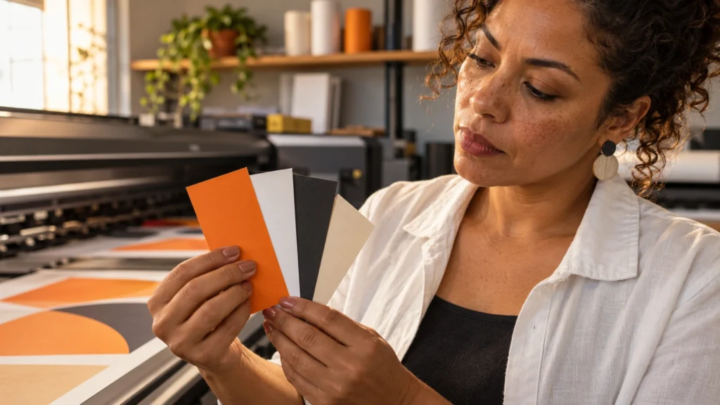 Cena ilustrativa: designer examina amostras de papel laranja, branco, grafite e creme em uma gráfica.