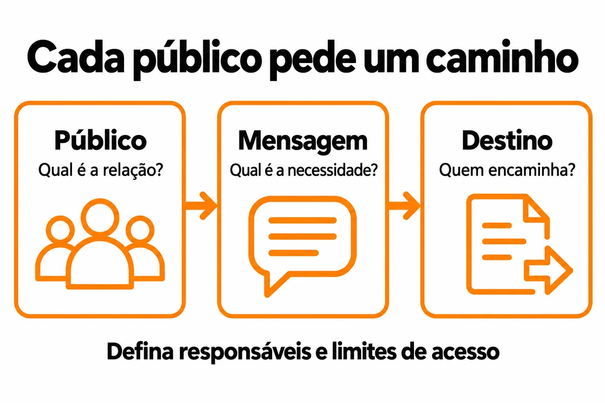 Público identifica a relação; mensagem responde à necessidade; destino define quem encaminha. Defina responsáveis e limites de acesso.