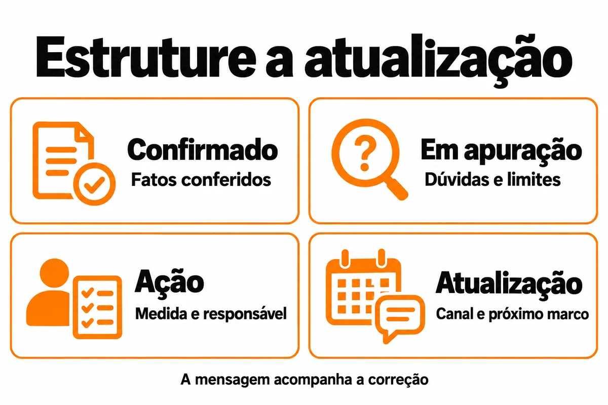 Separe fatos confirmados, dúvidas em apuração, ação com responsável e canal do próximo marco de atualização. A mensagem acompanha a correção.