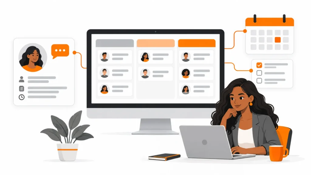 Empreendedora trabalha no notebook diante de um painel com cartões de contatos, ligado a histórico de conversa, calendário e checklist