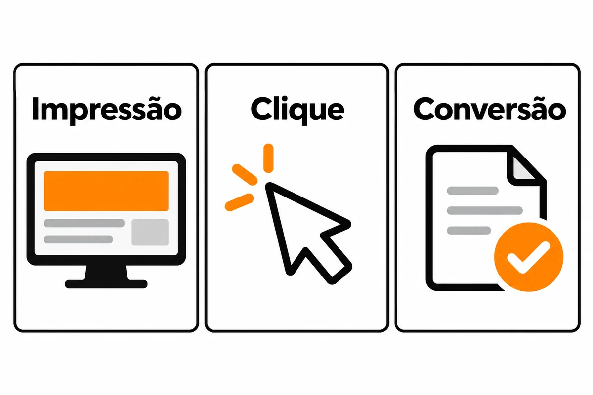 Três cartões distinguem impressão de anúncio, clique e conversão, sem setas de progressão entre eles.