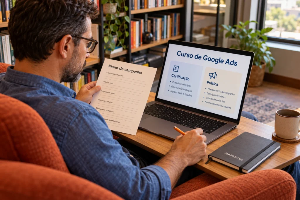 Cena ilustrativa de estudo de Google Ads: pessoa compara certificação e prática na tela do notebook e examina uma folha de plano de campanha.