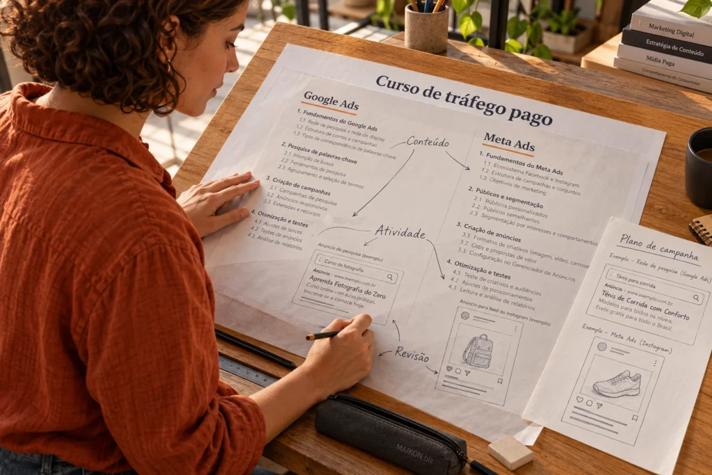 Cena ilustrativa de escolha de curso de tráfego pago: profissional confere programa com Google Ads e Meta Ads e anota conteúdo, atividade e revisão sobre a folha.