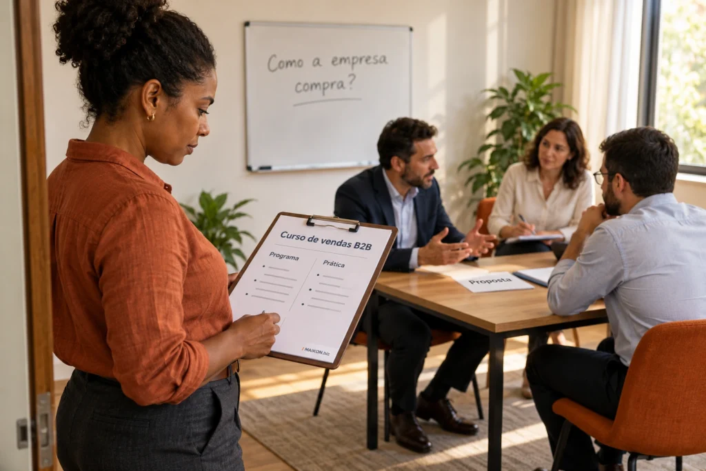 Gestora examina o programa de um curso de vendas B2B enquanto dois participantes praticam uma conversa comercial acompanhada por facilitadora.