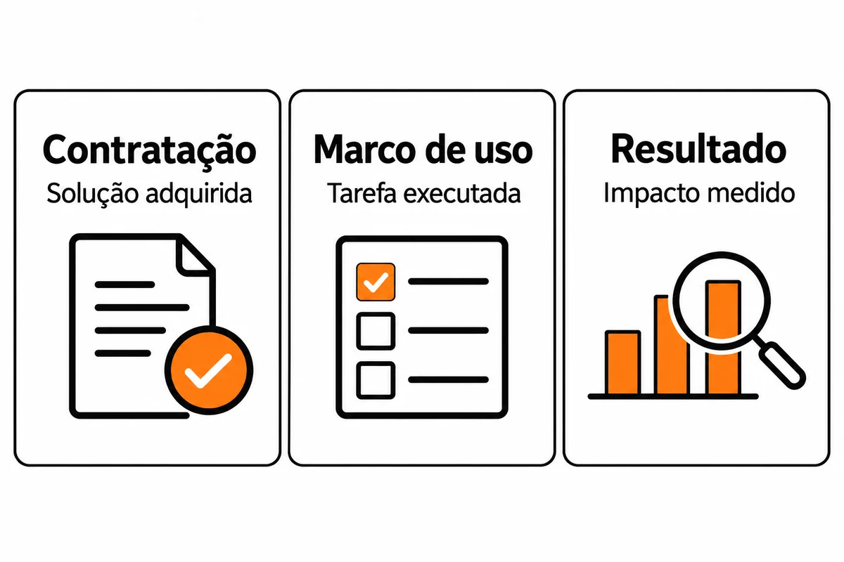 Três cartões distinguem contratação da solução, execução de uma tarefa e medição de impacto.