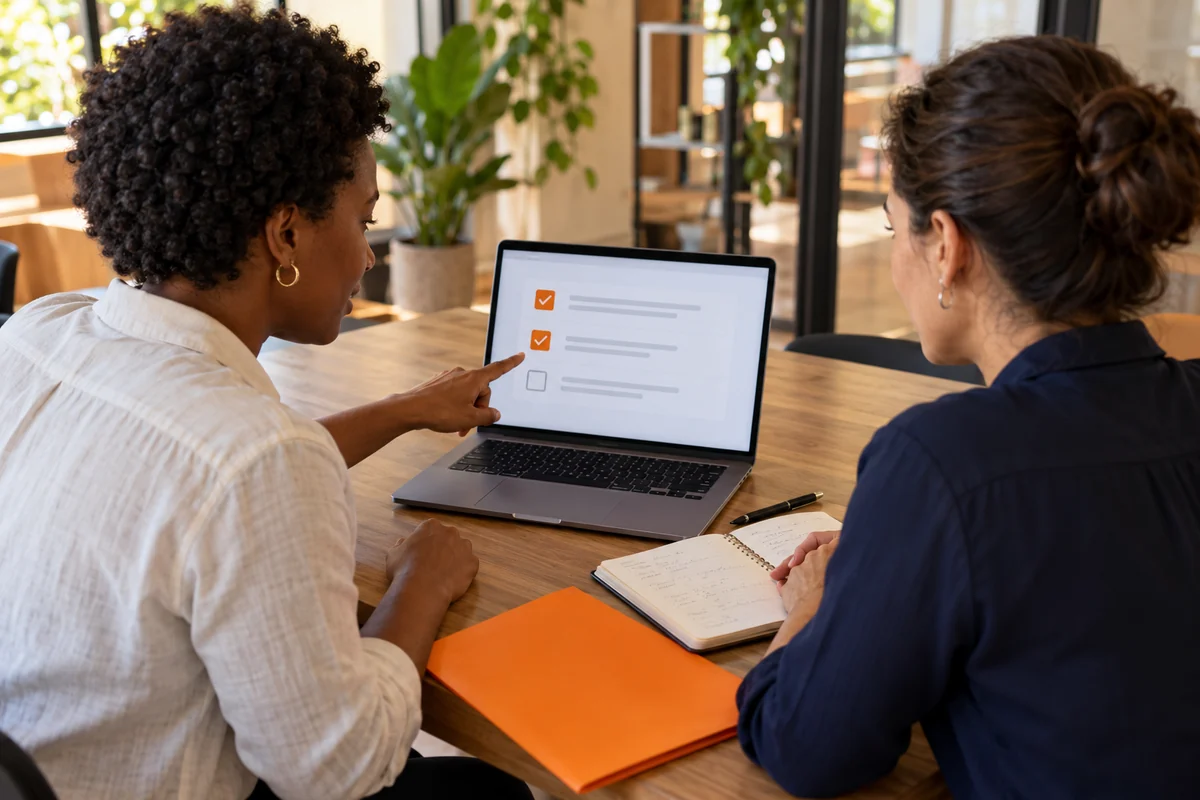 Duas profissionais revisam juntas uma lista conceitual de tarefas na tela do notebook, com caderno aberto sobre a mesa.