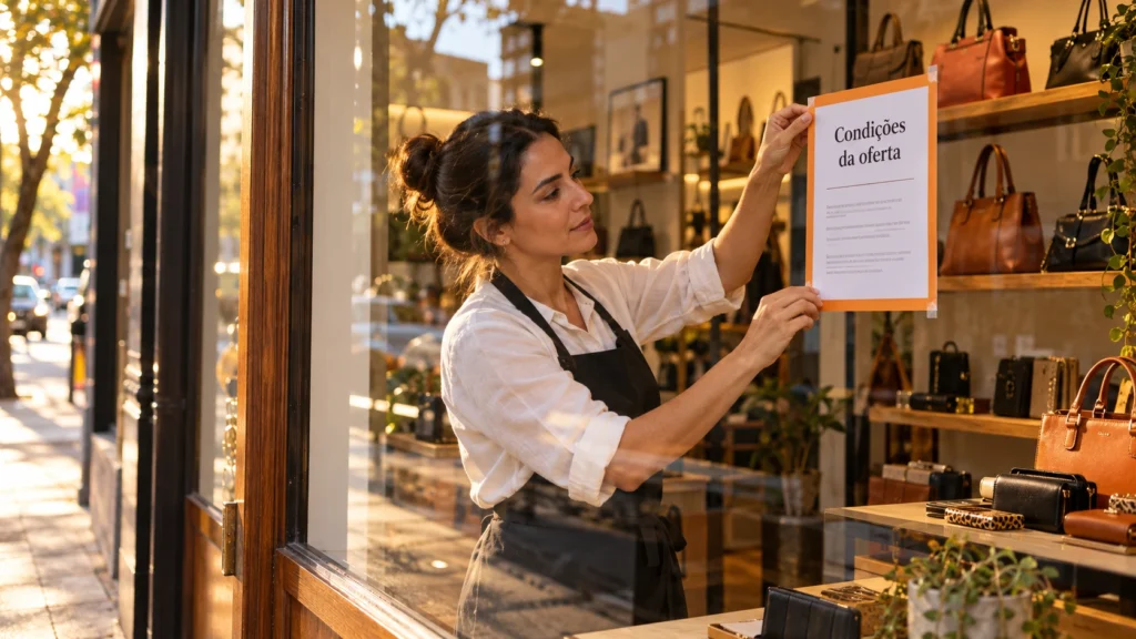 Cena ilustrativa: responsável por uma loja de bolsas fixa na vitrine uma folha com o título Condições da oferta, vista da calçada através do vidro.