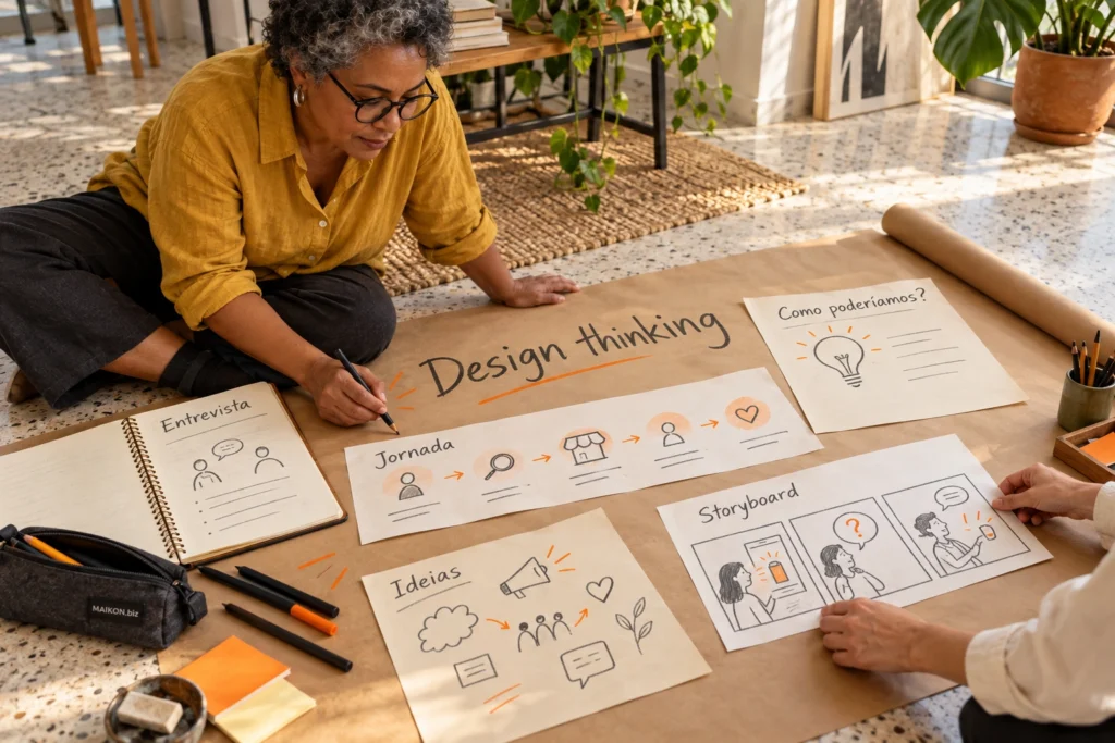 Oficina de design thinking com caderno de entrevista, mapa de jornada, pergunta Como poderíamos, ideias e storyboard sobre papel kraft.