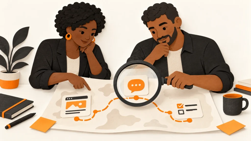 Duas pessoas examinam com uma lupa cartões de site, conversa e plano de ação