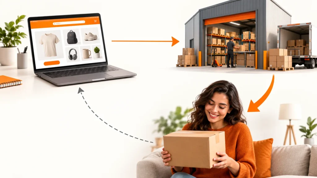 Fluxo de dropshipping com pedido da loja no notebook ao fornecedor e entrega direta ao comprador, em setas laranja.