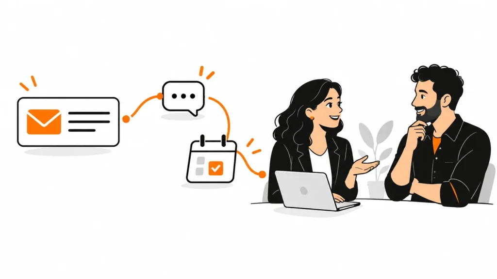 Cartão de e-mail conectado a um balão de resposta e calendário, ao lado de dois profissionais conversando