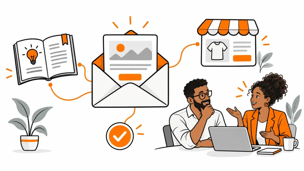 Envelope com cartão de conteúdo conectado a um livro, uma vitrine e dois profissionais em conversa