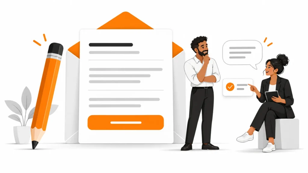 Documento de e-mail com botão laranja e lápis, ao lado de dois profissionais conversando sobre uma tarefa