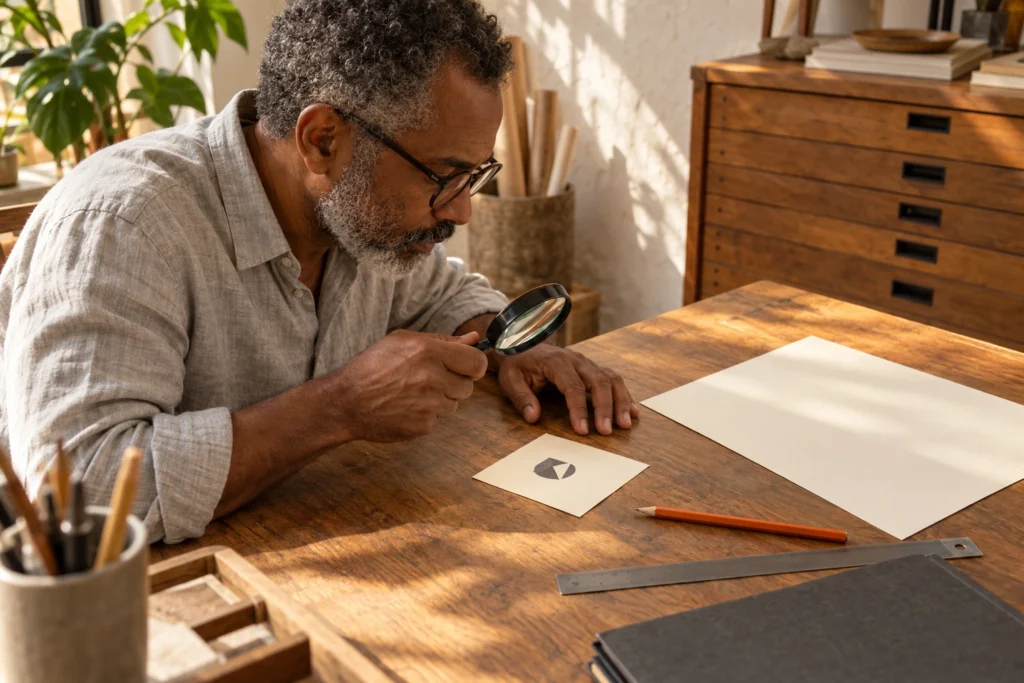 Cena ilustrativa: homem de cabelos e barba grisalhos examina com lupa uma pequena forma geométrica em papel sobre mesa de madeira, com lápis laranja e régua.