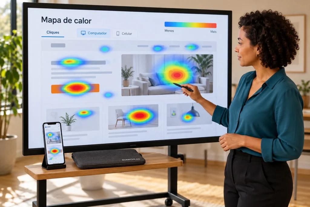 Cena ilustrativa de avaliação de ferramenta de mapa de calor: analista aponta interações coloridas numa página de site, com opções de computador e celular.