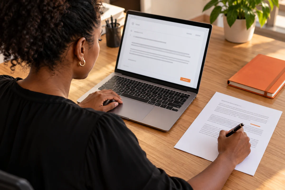 Mulher confere um e-mail no notebook e segura uma caneta sobre uma folha impressa voltada para cima.
