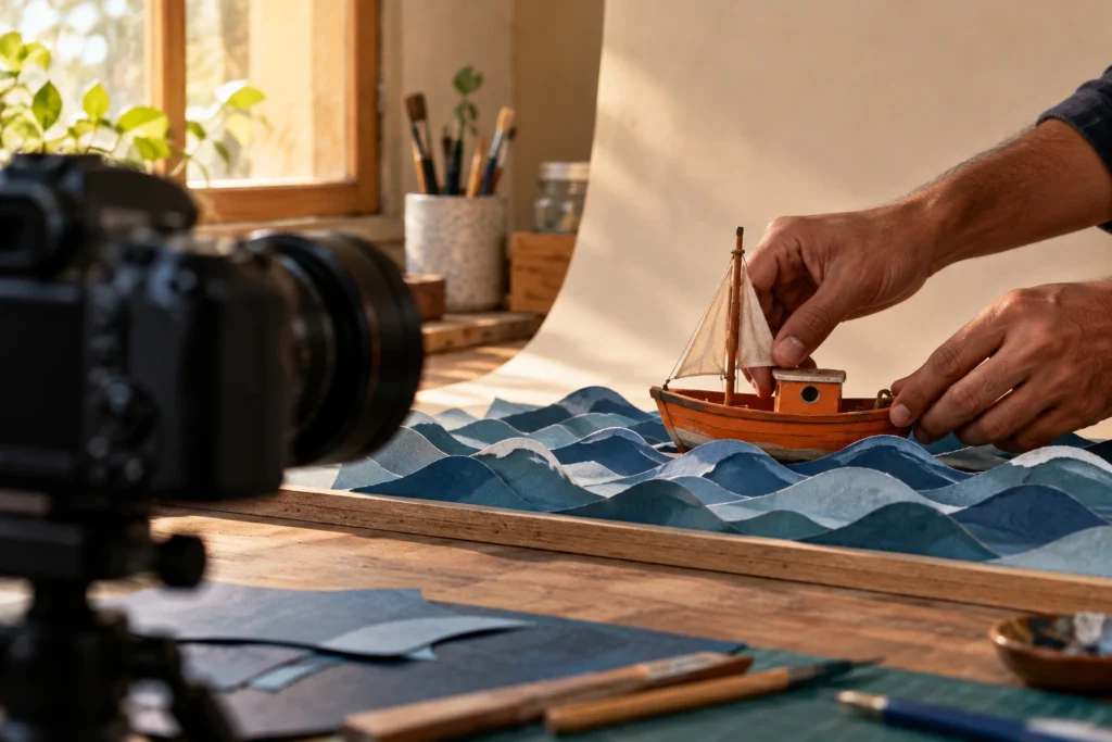 Cena ilustrativa: mãos reposicionam um barco laranja entre ondas de papel num cenário de stop motion, diante de uma câmera. Não representa gravação ou medição real.