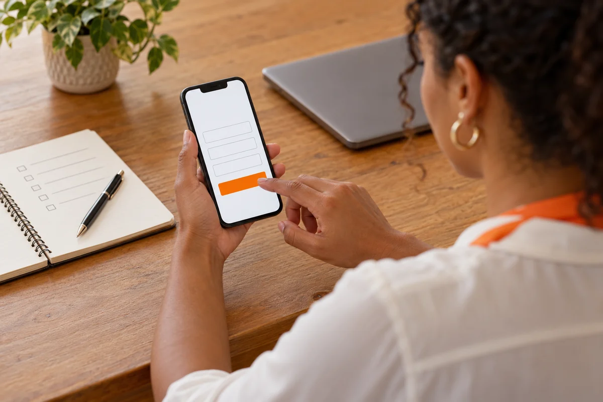 Profissional testa uma página conceitual com formulário no celular, com um caderno de conferência apoiado sobre a mesa.