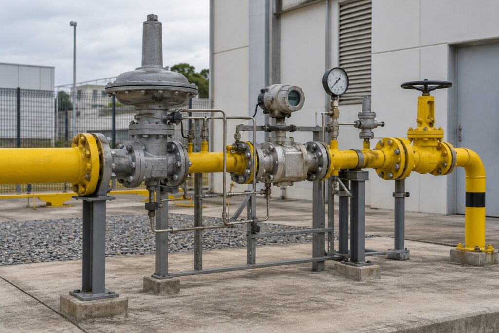 Tubulação de gás com válvulas, medidores e suportes metálicos junto a um edifício industrial.