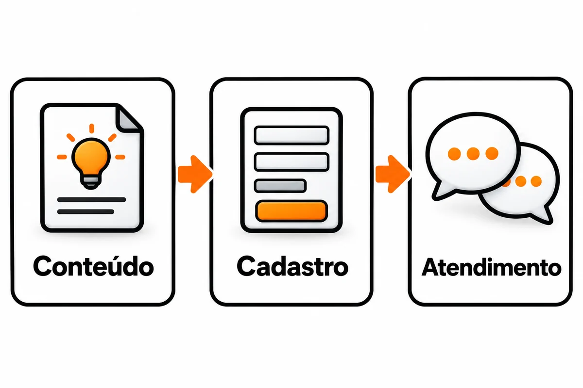 Três cartões conectam conteúdo, cadastro e atendimento por setas laranja.