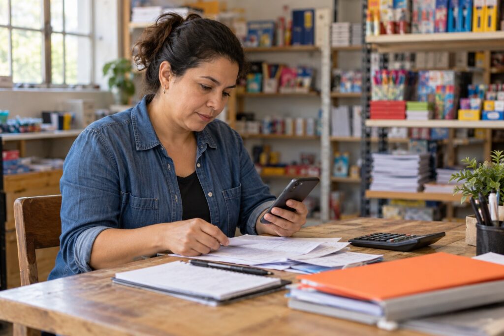 Mulher consulta um celular e confere documentos sobre uma mesa com calculadora em uma papelaria.