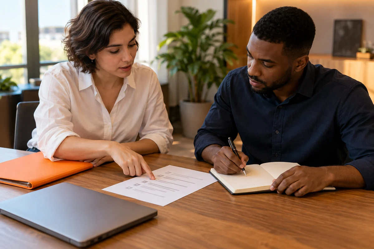 Dois profissionais alinham um checklist apoiado de face para cima sobre a mesa e registram anotações, com o notebook fechado ao lado.