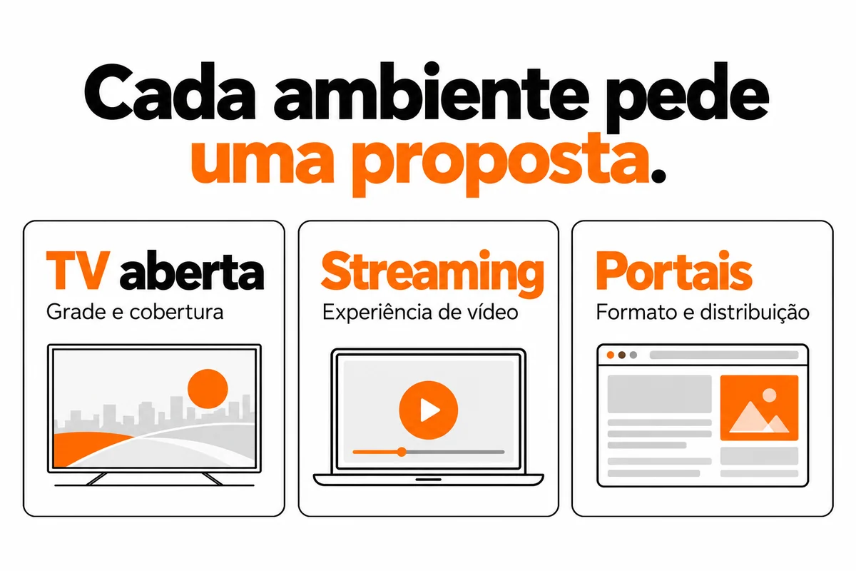 Cada ambiente pede uma proposta: TV aberta com grade e cobertura, streaming com experiência de vídeo e portais com formato e distribuição.