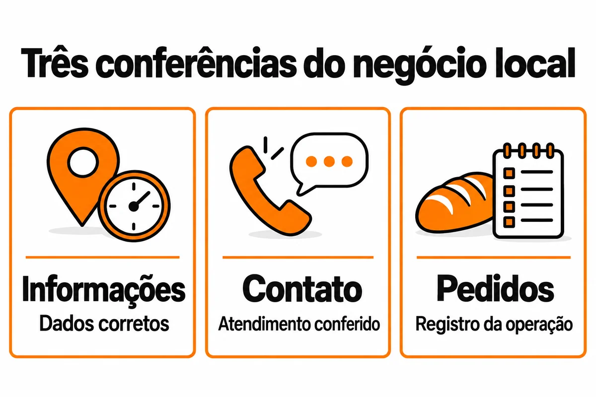 Três cartões separam informações com dados corretos, contato com atendimento conferido e pedidos com registro da operação.