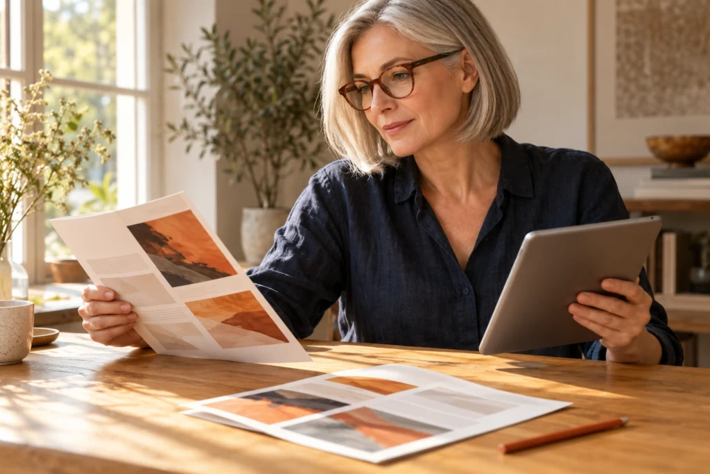 Cena ilustrativa: mulher de cabelo prateado e óculos compara uma prova impressa com um tablet, junto à janela, em mesa de madeira com lápis laranja.