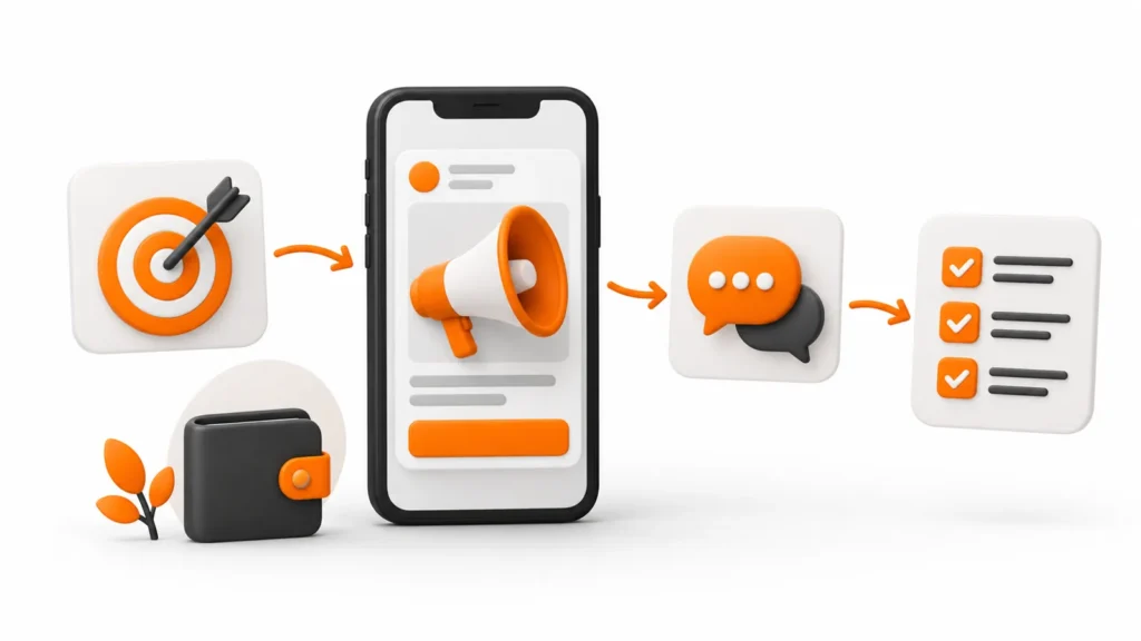 Smartphone com megafone ligado a alvo, balões de conversa, carteira e checklist em branco, grafite e laranja