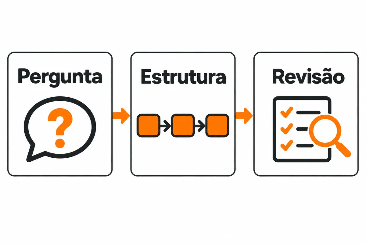Três cartões em sequência mostram pergunta, estrutura e revisão, com ícones e setas.