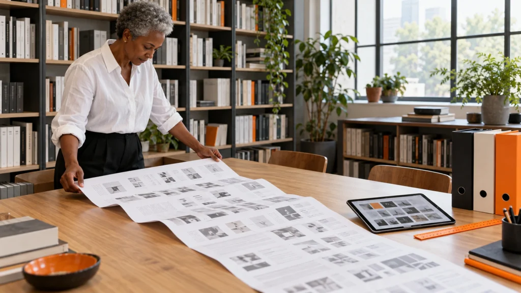 Cena ilustrativa: editora examina uma folha extensa de páginas junto a um tablet numa biblioteca de trabalho.