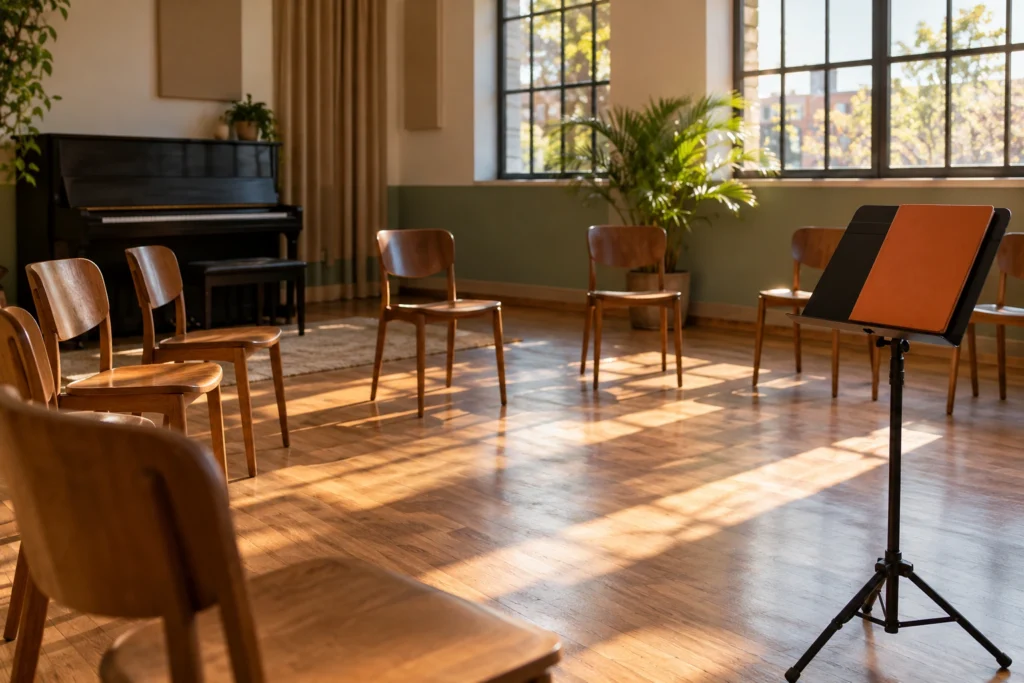 Cena ilustrativa: sala de ensaio vazia, com cadeiras em semicírculo, piano e pasta laranja num suporte. Não representa escola, pesquisa, aula ou público reais.