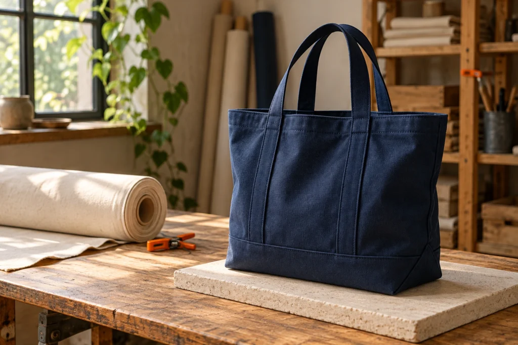 Cena ilustrativa: bolsa de lona azul-marinho sobre um apoio claro num ateliê, com materiais de costura e luz natural lateral. Não representa empresa, produto lançado, cliente ou kit de imprensa reais.