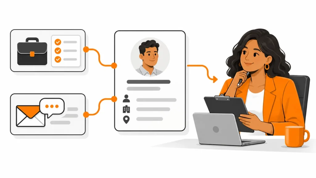 Cartão de contato recebe conexões de uma maleta com checklist e de um envelope com conversa, enquanto uma profissional revisa uma prancheta