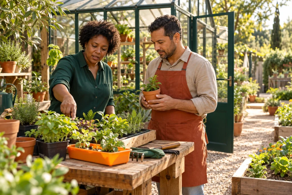 Cena ilustrativa: duas pessoas adultas fictícias participam de uma orientação de jardinagem ao ar livre, junto a uma estufa. Não representa turma, aluno, curso ou resultado reais.