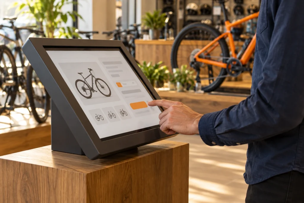 Cena ilustrativa: mão de profissional junto a uma tela de consulta inclinada sobre pedestal de madeira, num showroom com bicicletas e luz natural.