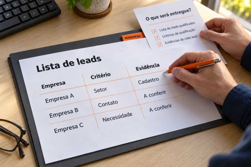 Cena ilustrativa de revisão de uma lista de leads, com critérios e evidências comparados à entrega descrita em uma proposta.