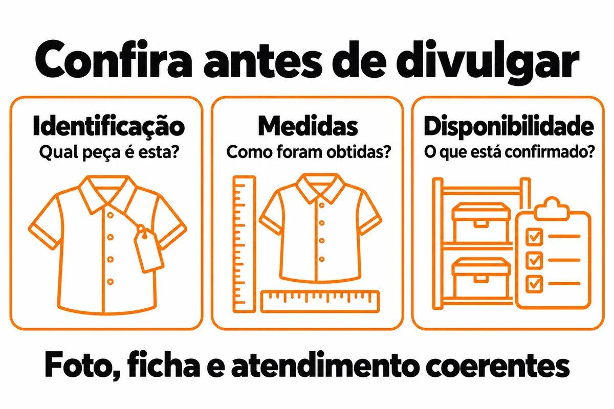Confira qual é a peça, como as medidas foram obtidas e o que está confirmado em estoque. Foto, ficha e atendimento devem ser coerentes.