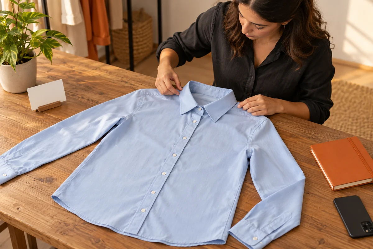 Profissional alinha a gola e o ombro de uma camisa azul-clara apoiada de frente para cima sobre uma mesa de madeira.