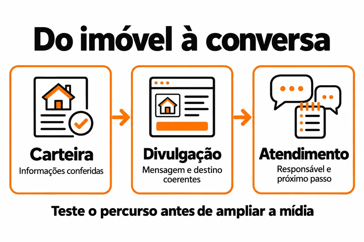 Carteira com informações conferidas, divulgação com mensagem e destino coerentes e atendimento com responsável e próximo passo. Teste o percurso antes de ampliar a mídia.