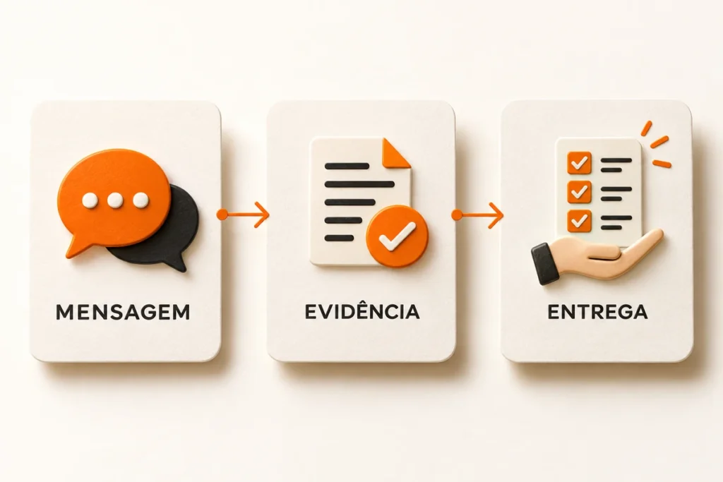 Três cartões conectam mensagem, evidência e entrega, com ícones de conversa, documento conferido e checklist.