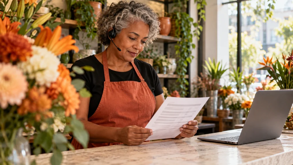 Cena ilustrativa: gestora de floricultura com headset confere uma folha de registros junto ao computador, com flores laranja em primeiro plano.