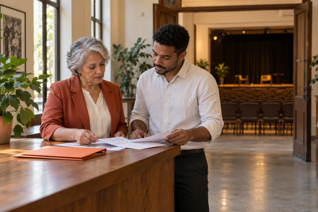 Cena ilustrativa: duas pessoas da organização revisam materiais num foyer fictício preparado para um encontro. Não representa evento, equipe, alteração de horário ou aviso reais.