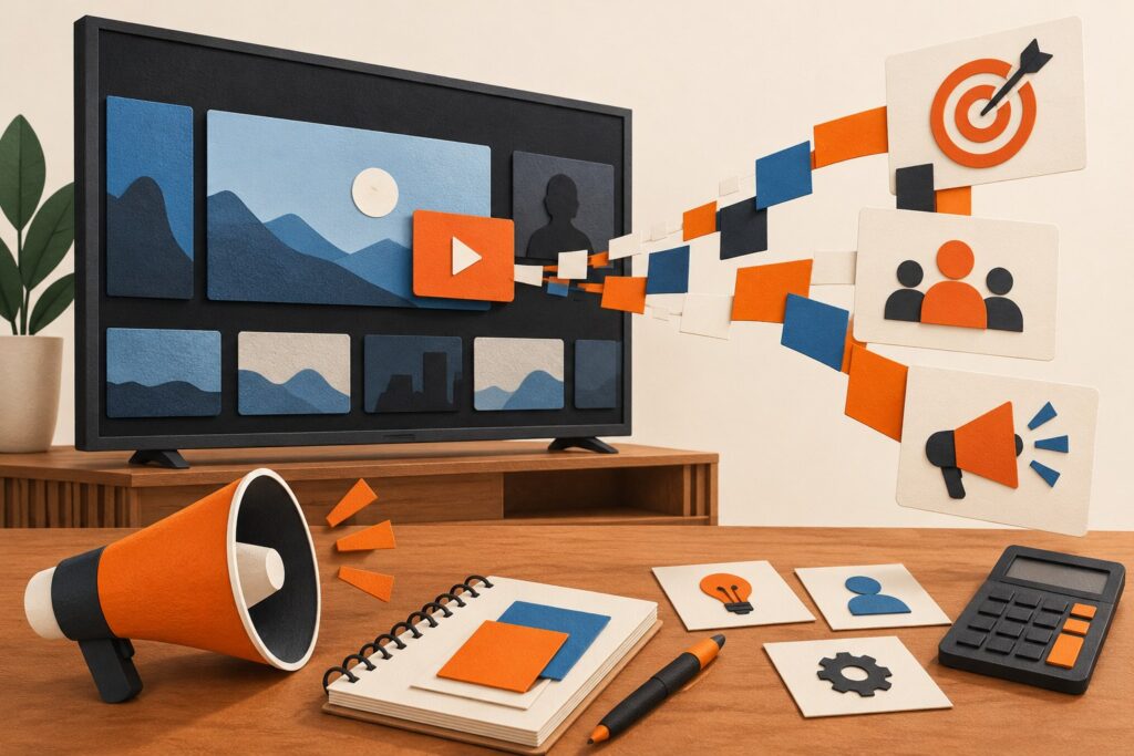 Ilustração de tela de streaming genérica conectada a cartões de campanha, com megafone, caderno e calculadora sobre uma mesa.
